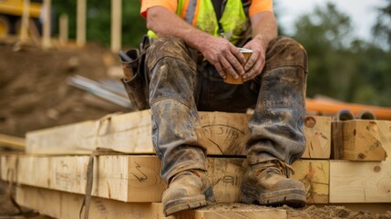 Fototapeta premium Construction worker enjoying a coffee break on lumber at a morning site. A construction worker sits on lumber, enjoying coffee with a partially built house in the background.