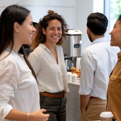 Fototapeta premium Office workers of all backgrounds enjoying a break in a modern room. Office employees from various ethnicities gather in the break room for coffee.
