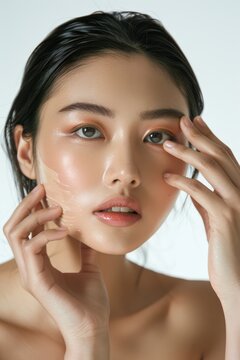 Asian model woman applies concealer with fingers in beauty studio. Close-up face shot on white background. Minimal makeup, gentle expression. Left hand rests on cheek, right hand on chin.