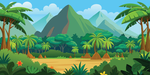 Vector horizontal seamless tropical rainforest Jungle with mountains background