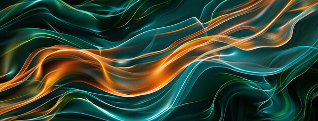 Obraz premium Abstract background with green, blue and orange wavy lines on a dark green background. Abstract wallpaper