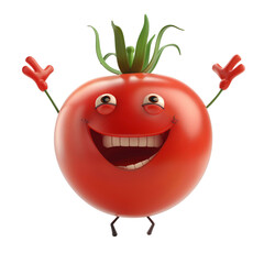A character, a red cute happy tomato, with eyes and a smile, with legs and arms.