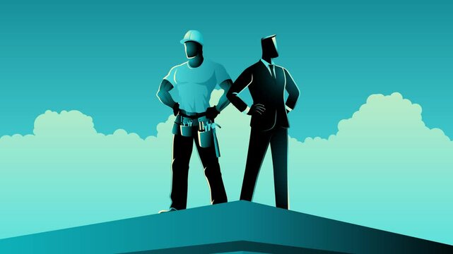 Blue and white collar workers standing side by side with hands on hips atop a building, with skyscrapers emerging behind them, highlights the collaboration and unity between different job sectors