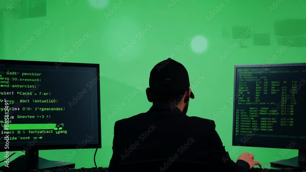 Poster hooded hacker at green screen desk during credit card attack generative ai