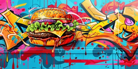 Graffiti Art of a Burger on Vibrant Wall. Generative ai.