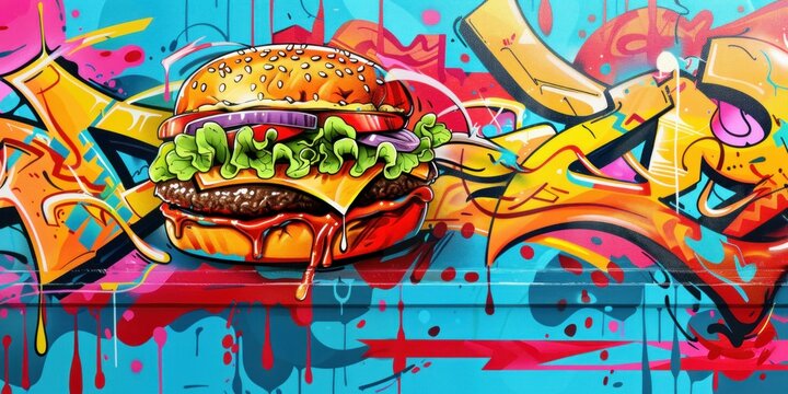 Naklejki Graffiti Art of a Burger on Vibrant Wall. Generative ai.
