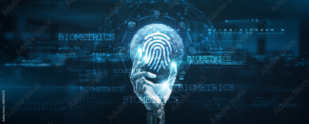 Poster biometrics integration, hands of robot hold biometric authentication systems, identity verification,