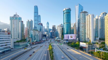 Fototapeta premium A city skyline with a large glass building in the center