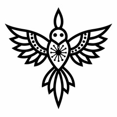 Doodle bird with intricate mandala wings, white background