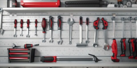 Fototapeta premium Garage showcasing hyperrealistic tools in a meticulously organized display. Concept Garage Organization, Tool Collection, Hyperrealism, Meticulous Display