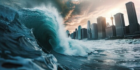 Massive Ocean Wave Crashing Near Modern City Skyline. Generative ai