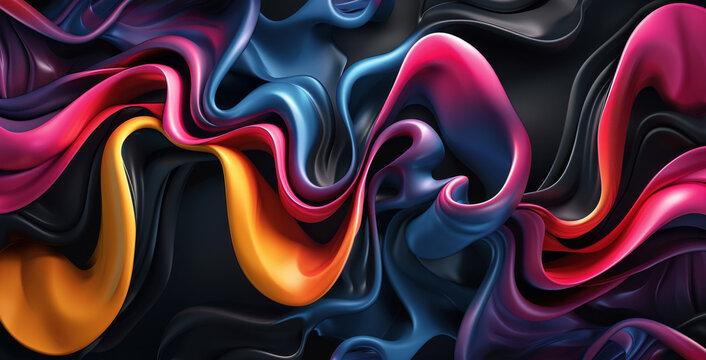 Abstract fluid colorful shapes on a black background, in the style of fluid art. Abstract wallpaper with copy space