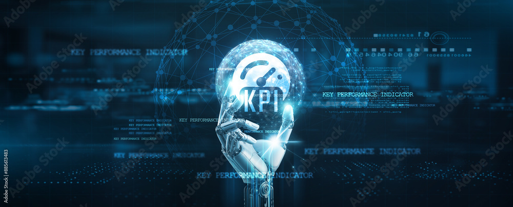 Poster key performance indicator (kpi), data analysis, performance metrics, hands of robot hold kpi managem