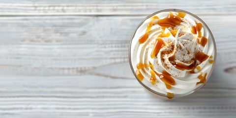 Overhead shot of iced coffee with whipped cream caramel drizzle isolated. Concept Food Photography, Beverage Styling, Overhead Shots, Iced Coffee, Whipped Cream Art