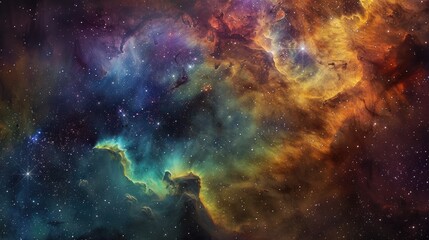 Obraz premium A detailed view of a nebula with multi-colored gas clouds and shining stars, set against the backdrop of the universe.