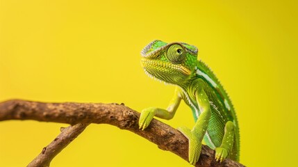 Fototapeta premium Green Chameleon on a Branch Against a Yellow Background