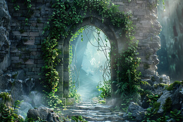 A large, mossy stone archway with a large circular opening.