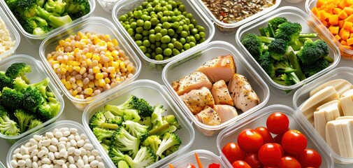 A countertop filled with neatly packed meal prep containers, each containing balanced portions of protein, vegetables, and grains