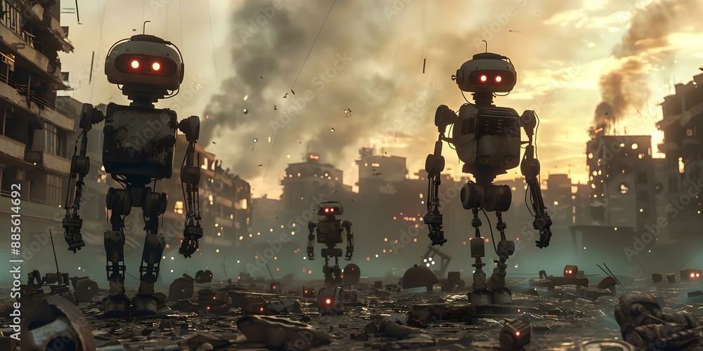 Aufkleber robots of destruction a postapocalyptic world of composite elements. concept postapocalyptic setting