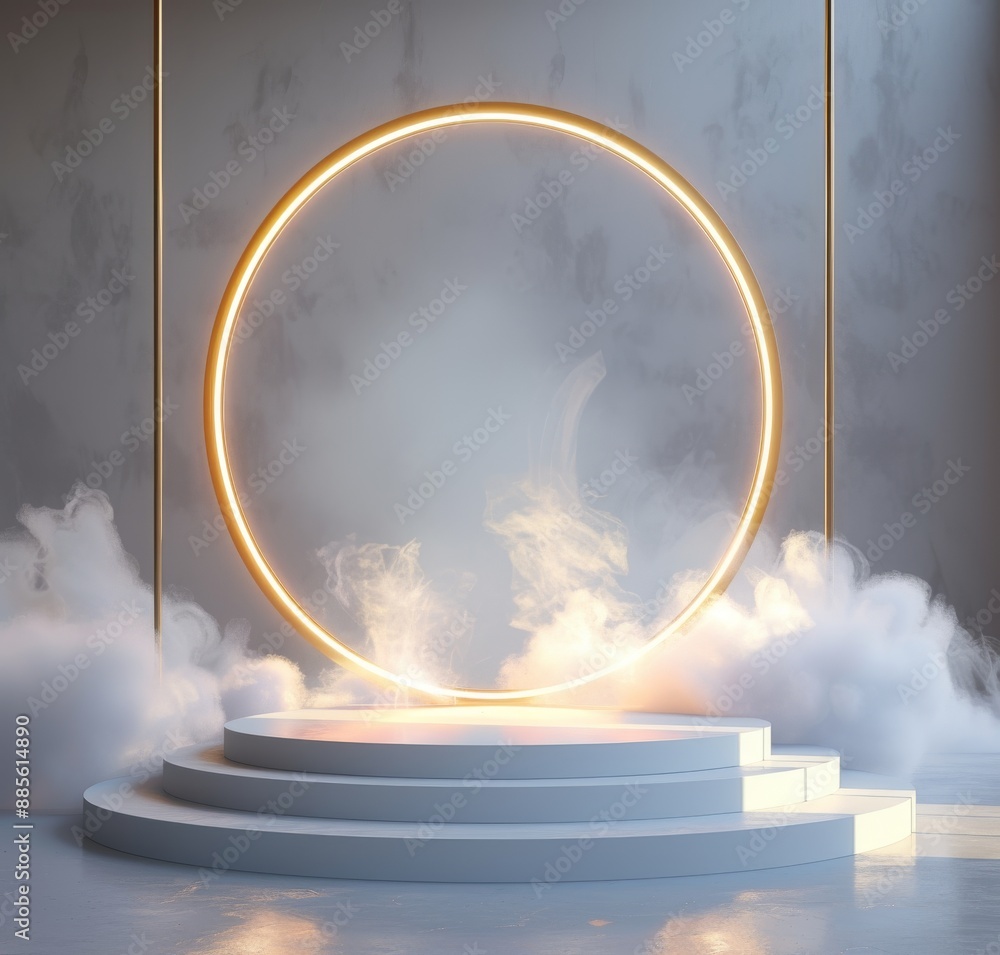 Poster elegant white podium with golden frame and fog effect for product display and presentations