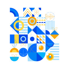 Geometric modern pattern full of shapes and forms blue with yellow
