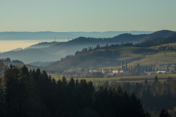 Village nestled in rolling hills