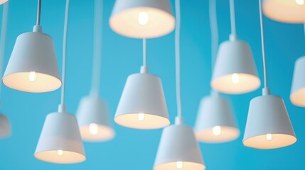 White pendant lamps in a row with blue background