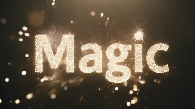 The word magic glowing with golden lights above a smoking cauldron on a dark background