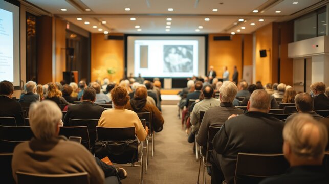 Audience attending a presentation in a modern conference room, focusing on a speaker's presentation projected on a large screen.