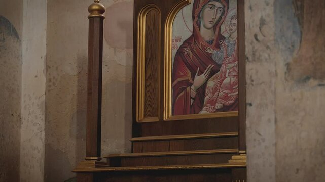 A tilting shot of Holy Mary in alter in Akdamar Church located In Akdamar Island, Van Lake, T&uuml;rkiye.