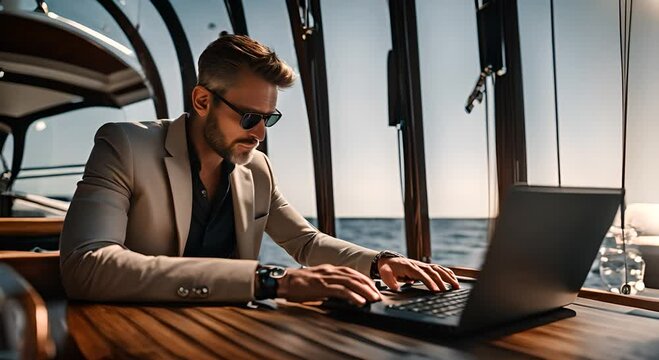 Man working with a laptop on a boat.