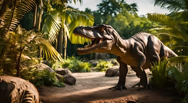 Dinosaurs in a zoo.