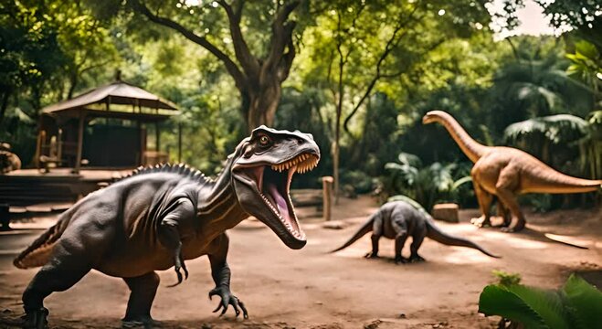 Dinosaurs in a zoo.