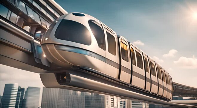 Modern monorail in a city.