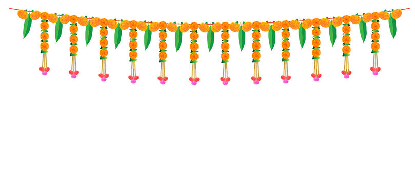 Beautiful Indian Vector orange garland of marigold flower & mango leaves for dussehra, diwali, wedding and indian festivals vector background
