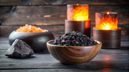 A wooden bowl filled with black lava salt crystals sits on a wooden table, illuminated by two salt lamps
