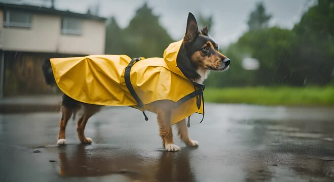 Dog in a raincoat on a rainy day.