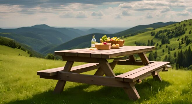Picnic table on a mountain.