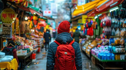 Obraz premium A lone traveler walks through a bustling, colorful street market.