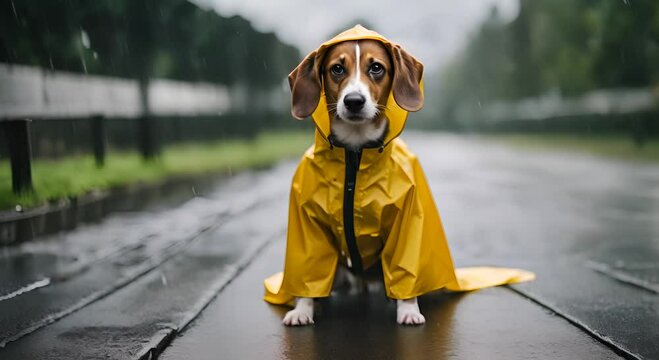Dog in a raincoat on a rainy day.