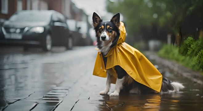 Dog in a raincoat on a rainy day.
