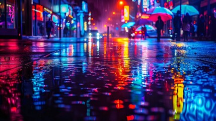Obraz premium Bright and sharp photograph of a rainy night street scene with colorful neon lights in the city.