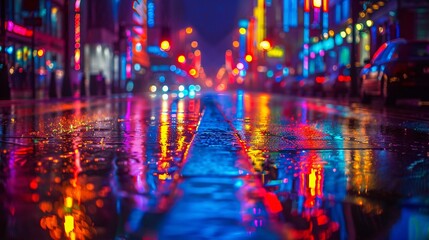 Obraz premium A vivid and sharp photograph of a rainy night street scene with colorful neon lights on a wet sidewalk.