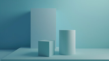 Geometric shapes in blue minimalist abstract design with cube, cylinder, and gradient background