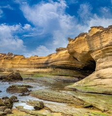 Stunning natural rock formations in Yehliu Geopark reserve, Yehliu cape, New Taipei, Taiwan