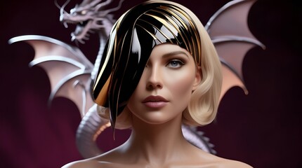 Mid-shot, cinematic portrait of a stylized portrait of a woman's head with blond hair, with bold, luxurious and delicate shiny black background of rich deep plum colour, mystery