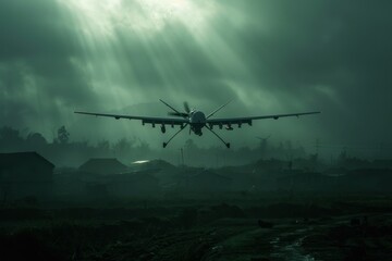 Fototapeta premium A combat drone casting a long, ominous shadow over a rural village