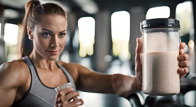 Athlete with protein powder. Protein powder jar.