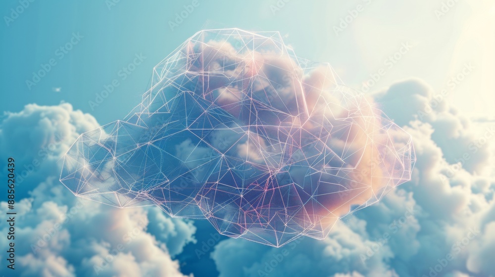 Poster a geometric cloud built from triangular wireframe elements, emphasizing its structured and modular n