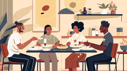 flat vector illustration, multiracial family, having dinner at home. Flat design, home made food.